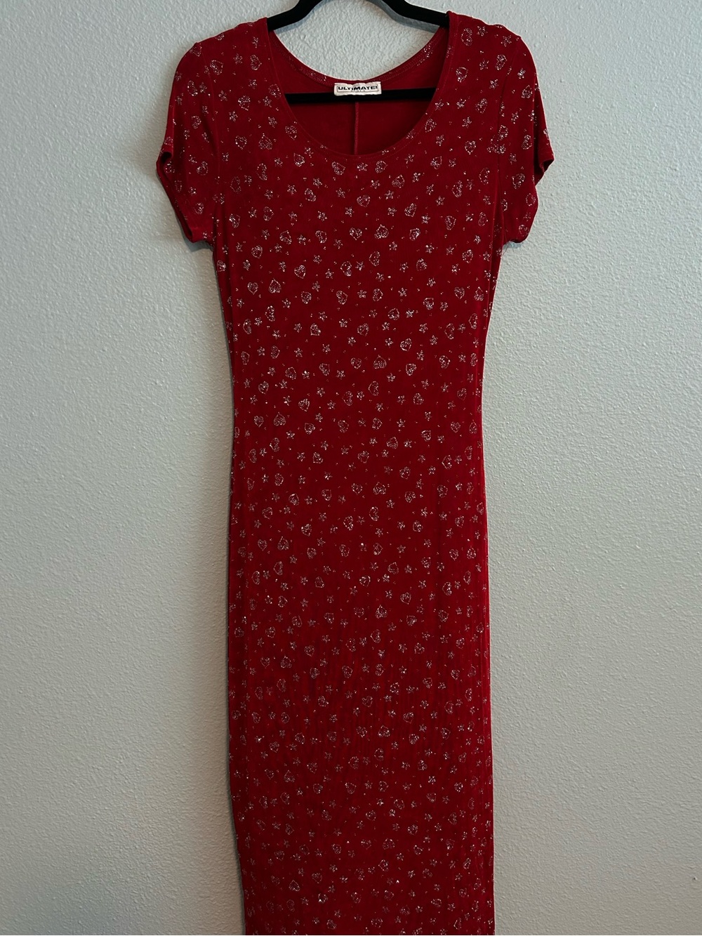 Vintage Red Glitter Floral Scoop-Neck Maxi Dress